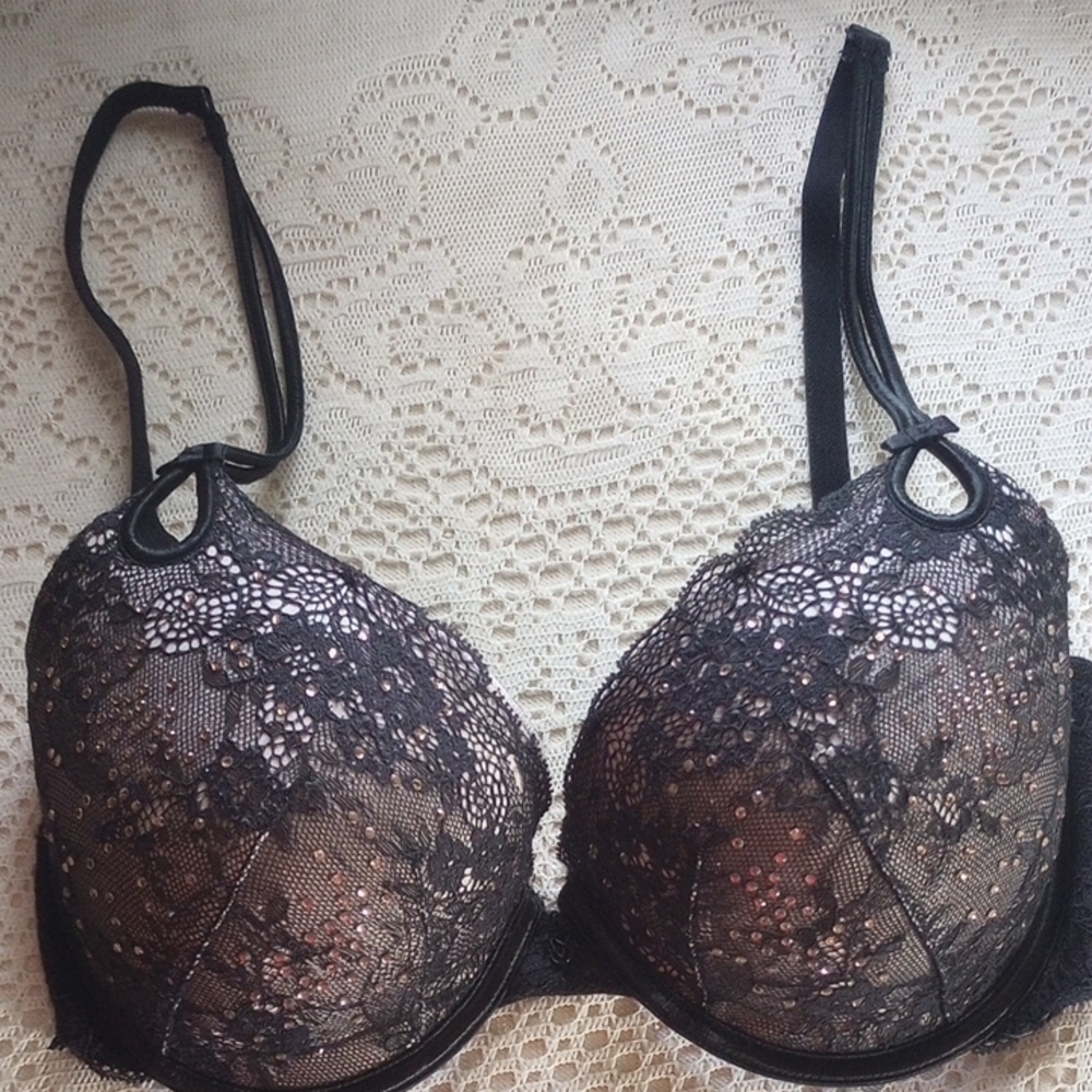 Victoria's Secret Black Lace Push-Up Bra with Floral Overlay